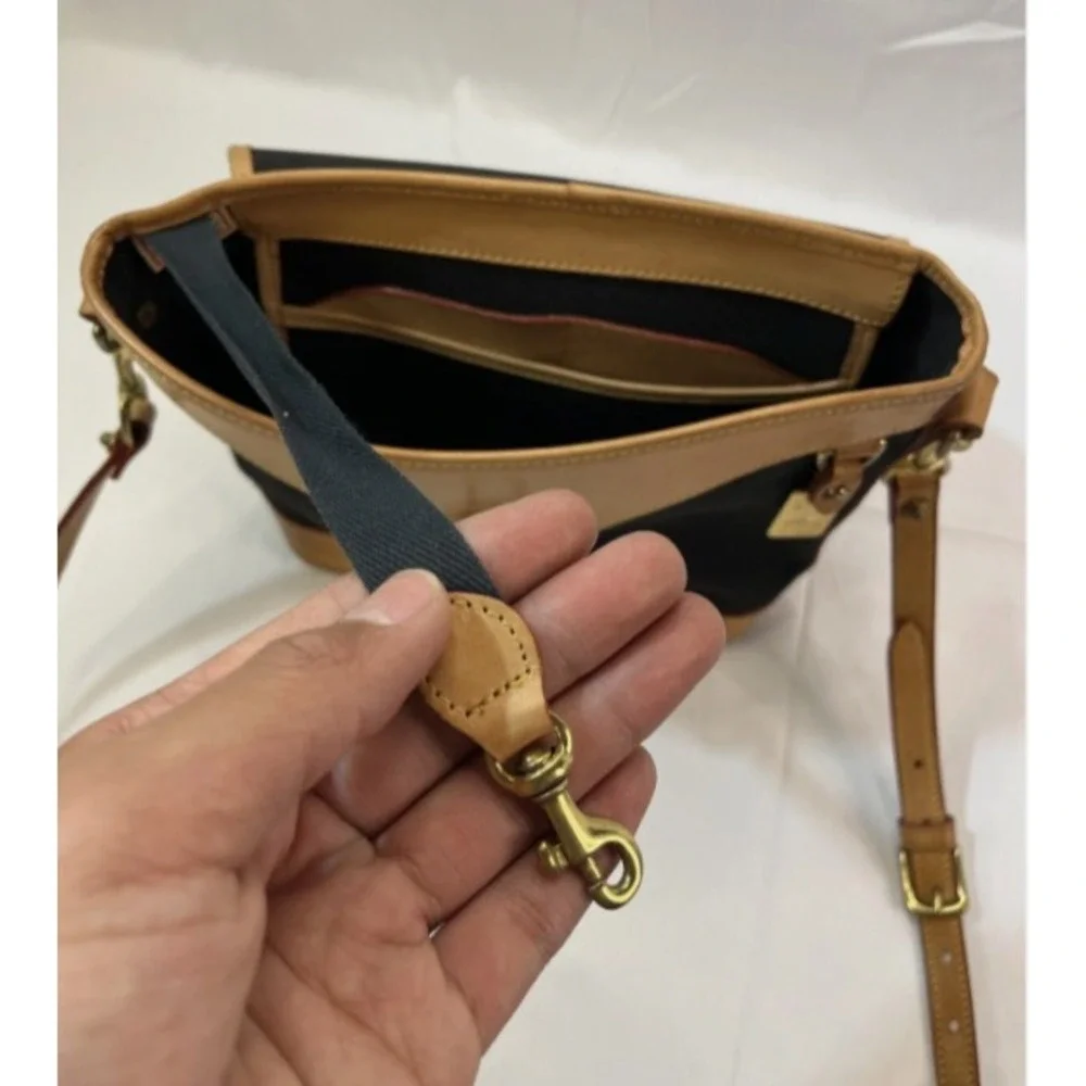 Dooney & Bourke Black Canvas/ Light Tan Leather Medium Flap Crossbody Bag Purse